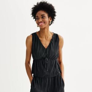 Nine West x Kohls Plisse Peplum V-Neck Tank Top Black Size XS NWOT Blouse